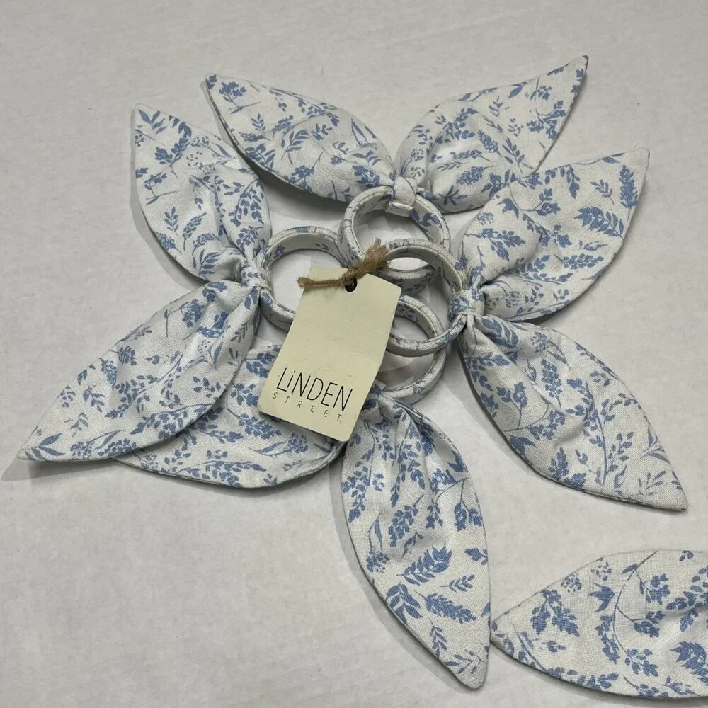 Linden Street Easter Napkin Rings Bunny‎ Rabbit Ears Fabric Blue Floral Set Of 8